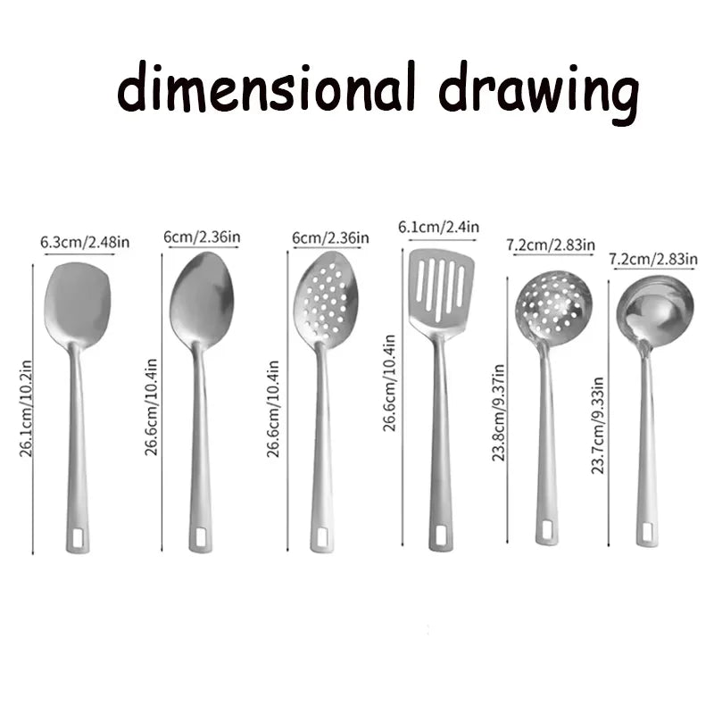 6-Piece Stainless Steel Kitchen Utensil Set – Heat-Resistant with Ergonomic Handles & Hanging Holes, Includes Slotted Spoon, Ladle, Turner, Cooking Spoon & Rice Spoon