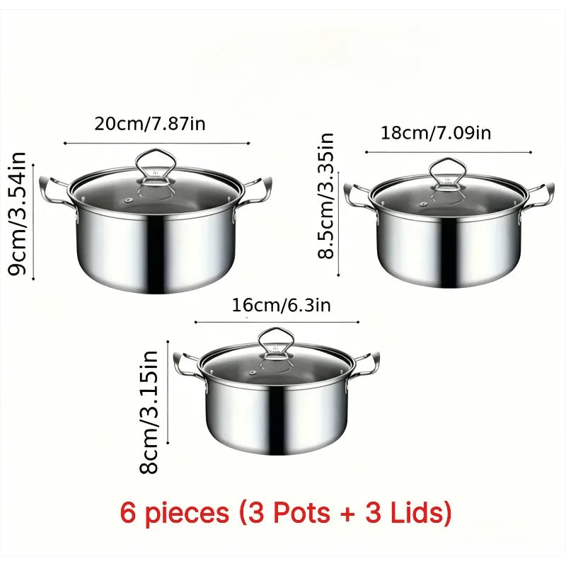 6-Piece Stainless Steel Cookware Set – Nonstick Soup Pots with Lids, 3 Pots & 3 Lids for Everyday Cooking 1 SET