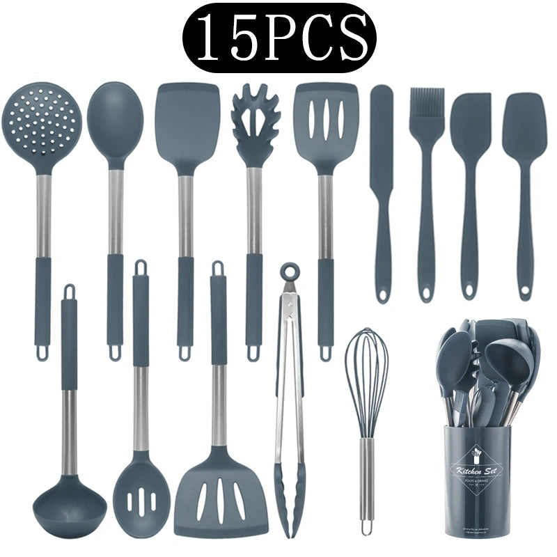 Silicone Kitchen Utensils Set with Stainless Steel Handles – Non-Stick, Heat-Resistant Cooking Utensils for Everyday Cooking & Baking, Available in 4 Colours & Multiple Set Sizes 15-Piece Grey