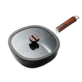 24cm Refined Iron Square Deep Skillet with Glass Lid & Wooden Handle – No Coating, Flat Bottom, Deep Wok-Style Stir Fry Pan, Great Cookware for Frying, Boiling, and Stir-Frying Black