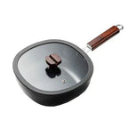24cm Refined Iron Square Deep Skillet with Glass Lid & Wooden Handle – No Coating, Flat Bottom, Deep Wok-Style Stir Fry Pan, Great Cookware for Frying, Boiling, and Stir-Frying Black