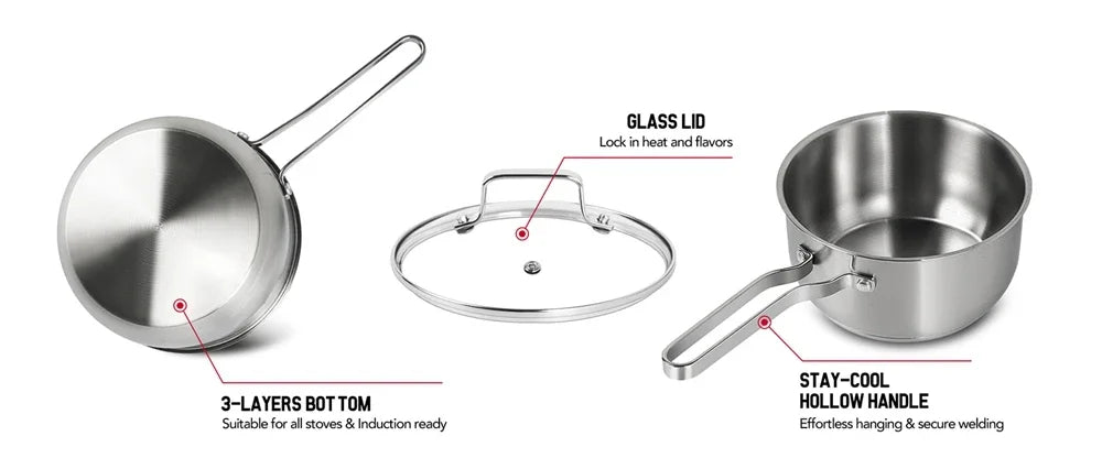 Stainless Steel Saucepan, 16cm/1QT – Induction Compatible with Glass Lid, great for boiling, steaming, and cooking sauces, soups, and small portions.