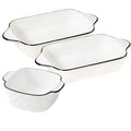 White Porcelain Baking Dish Set with Black Rim & Handles – Diamond Embossed, Oven Safe, Great for Au Gratin, Casseroles, and Everyday Baking 3-Piece Set (2 Large + 1 Small)