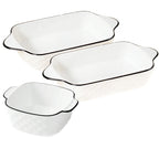 White Porcelain Baking Dish Set with Black Rim & Handles – Diamond Embossed, Oven Safe, Great for Au Gratin, Casseroles, and Everyday Baking 3-Piece Set (2 Large + 1 Small)