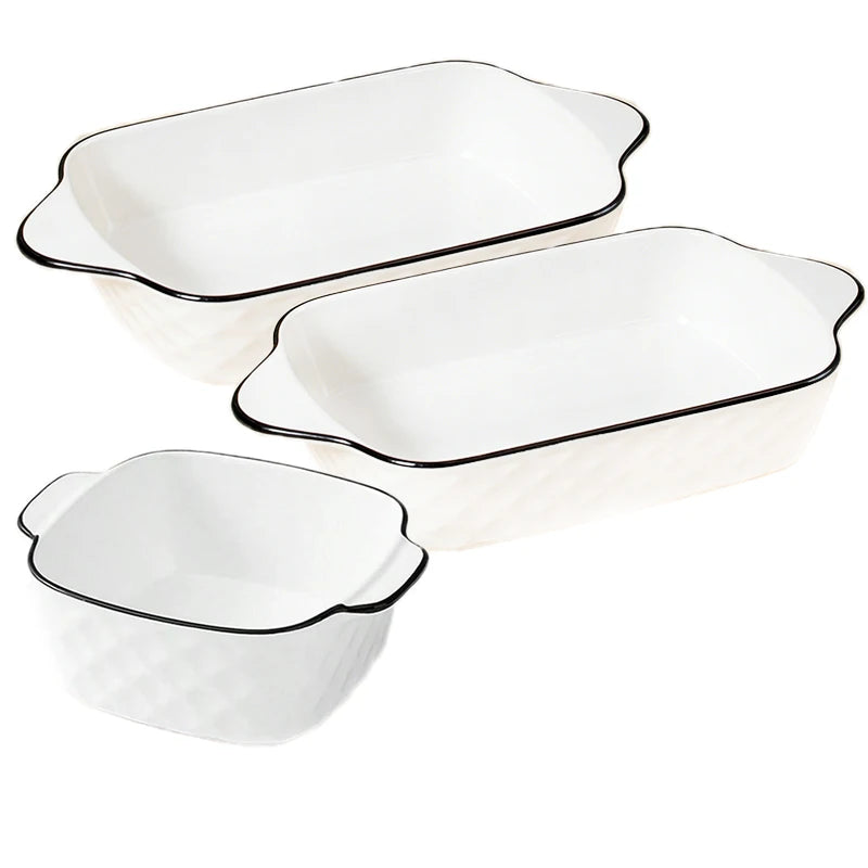 White Porcelain Baking Dish Set with Black Rim & Handles – Diamond Embossed, Oven Safe, Great for Au Gratin, Casseroles, and Everyday Baking 3-Piece Set (2 Large + 1 Small)