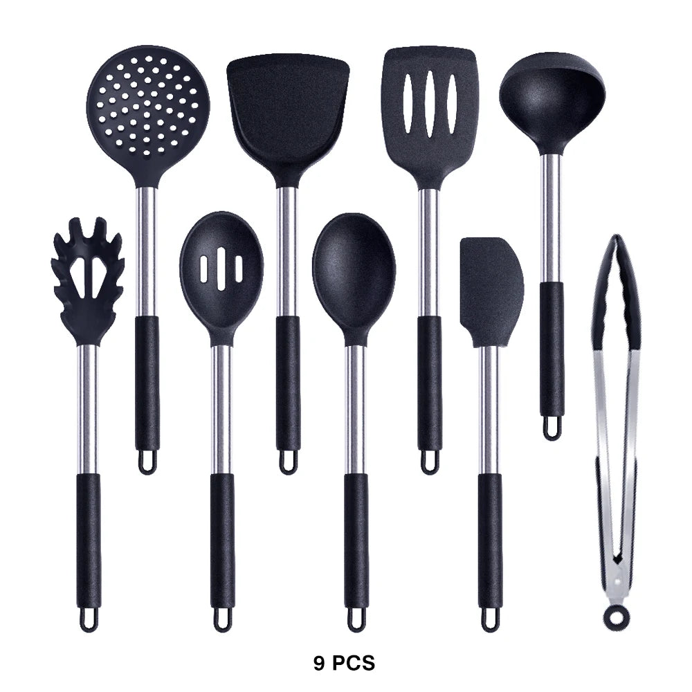 Silicone Kitchen Utensils Set with Stainless Steel Handles – Non-Stick Safe, Heat Resistant | Grey & Black | Available in 5 to 15-Piece Sets Black — 9 Piece Set