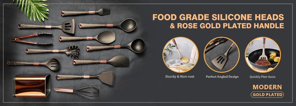 Silicone Cooking Utensils Set with Gold-Plated Handles – Non-Stick Safe, Heat Resistant | Black &amp; Beige | Available in 5, 7, 10 &amp; 12-Piece Sets