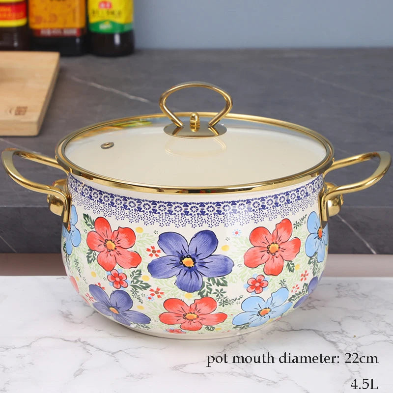 Retro Floral Enamel Soup Pot with Lid | Gas & Induction | 4 Designs | 2L–5.5L D 4.5L