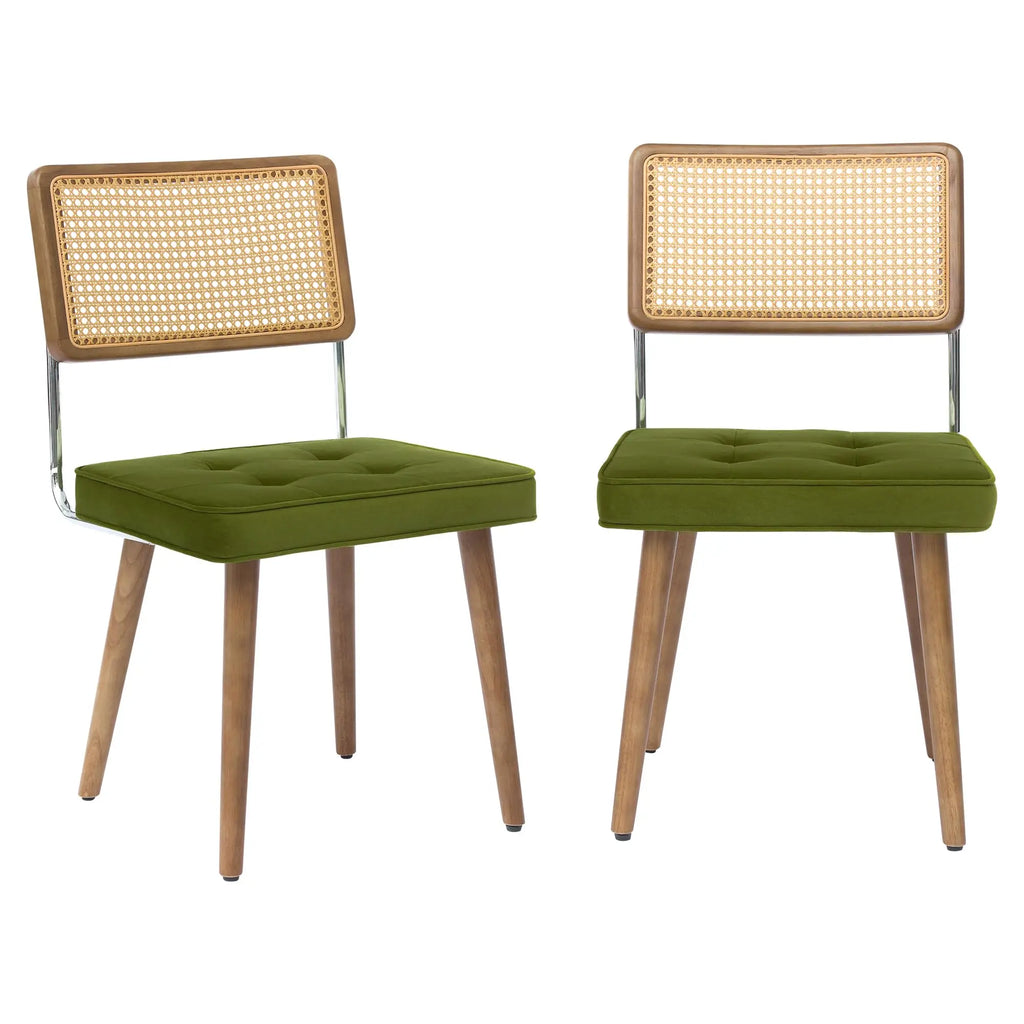 Rattan Back Dining Chair with Velvet Seat | Wooden Legs | 3 Colours