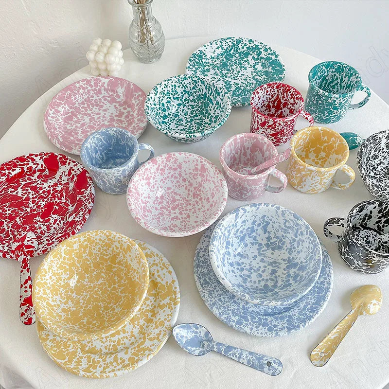 Retro Enamel Dinnerware | Splash Ink Pattern | Plates, Bowls, Cups & Spoons | Assorted Designs