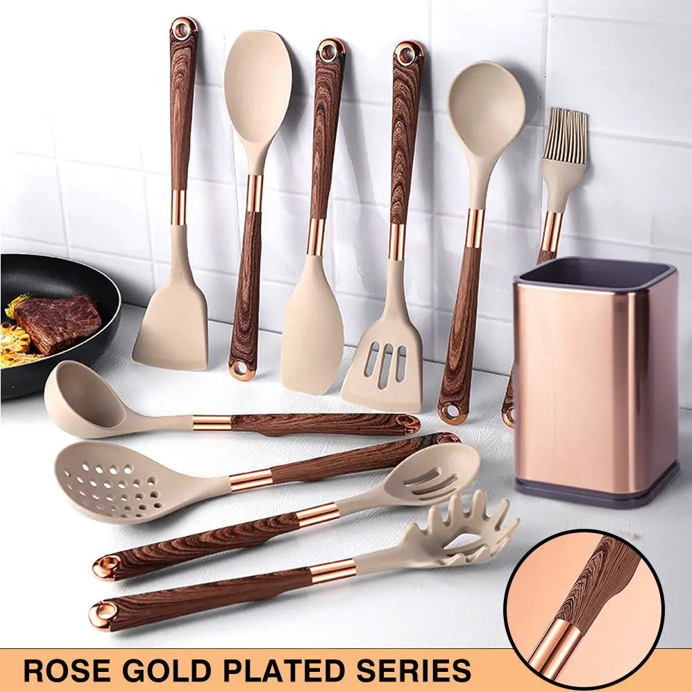 Silicone Cooking Utensils Set with Gold-Plated Handles – Non-Stick Safe, Heat Resistant | Black &amp; Beige | Available in 5, 7, 10 &amp; 12-Piece Sets