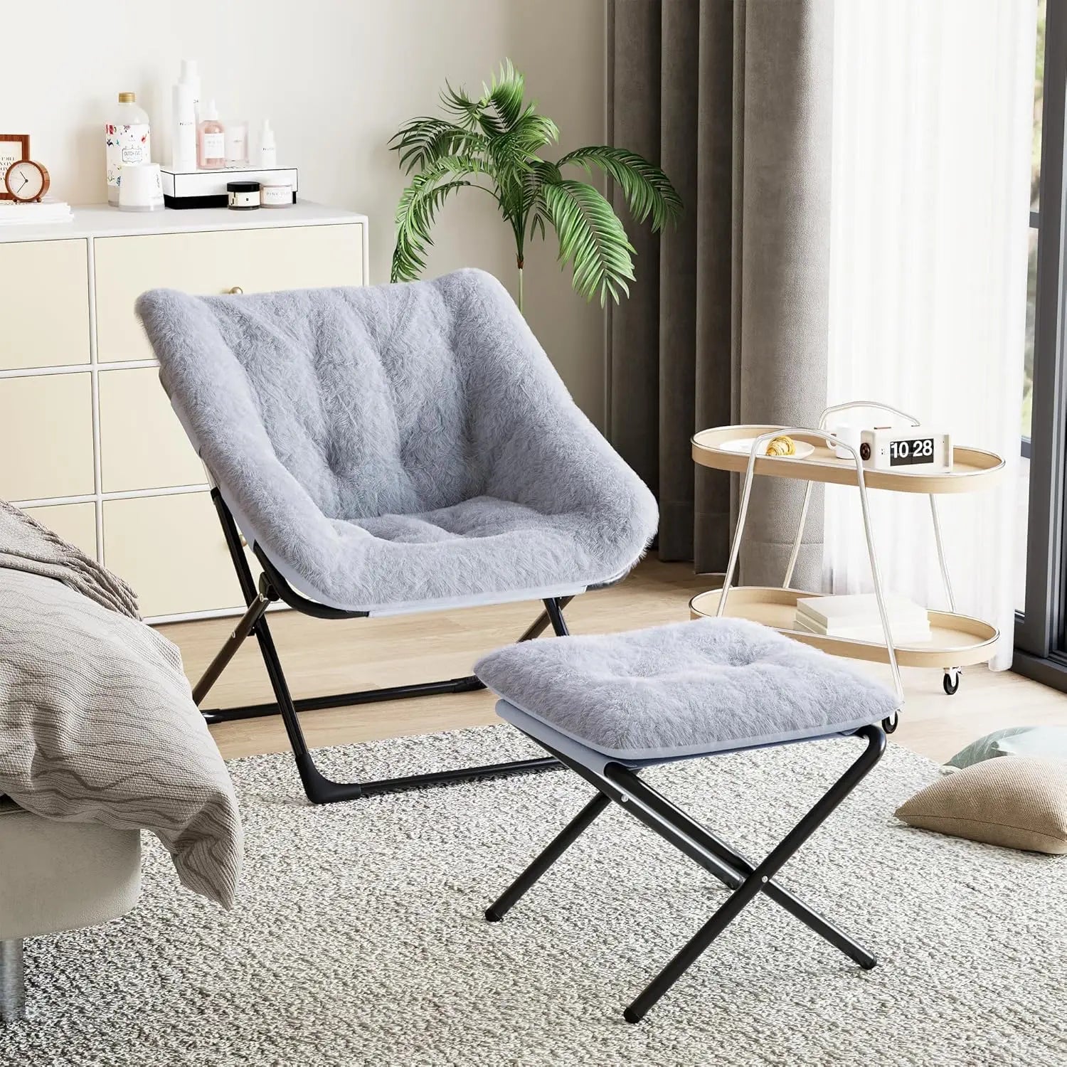 Faux Fur Foldable Lounge Chair with Ottoman | Steel Frame | 5 Colours grey UNITED KINGDOM