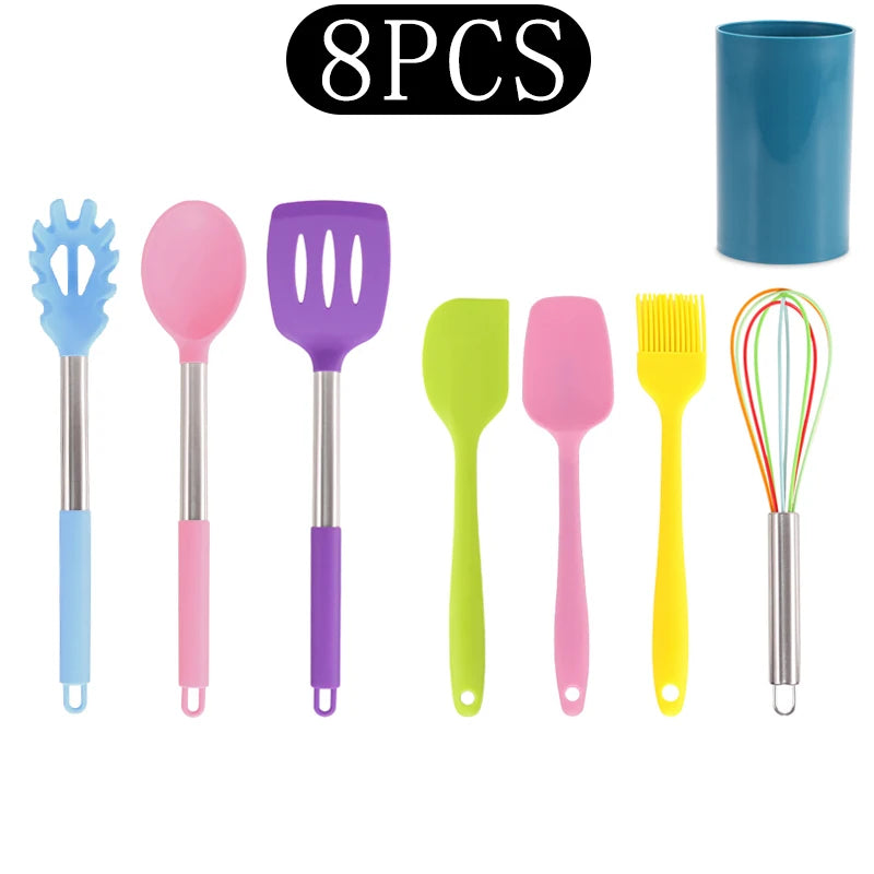 Silicone Kitchen Utensils Set with Stainless Steel Handles – Non-Stick, Heat-Resistant Cooking Utensils for Everyday Cooking & Baking, Available in 4 Colours & Multiple Set Sizes 8-Piece Rainbow