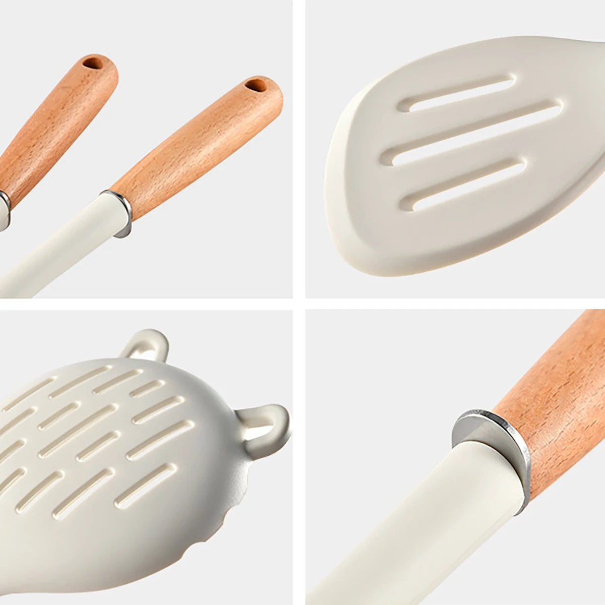 8-Piece Silicone Kitchen Utensils Set with Wooden Handles – Non-Stick Safe | Cream, White & Green
