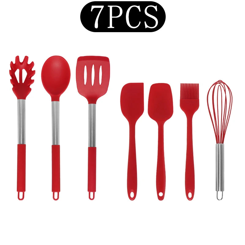 Silicone Kitchen Utensils Set with Stainless Steel Handles – Non-Stick, Heat-Resistant Cooking Utensils for Everyday Cooking & Baking, Available in 4 Colours & Multiple Set Sizes 7-Piece Red