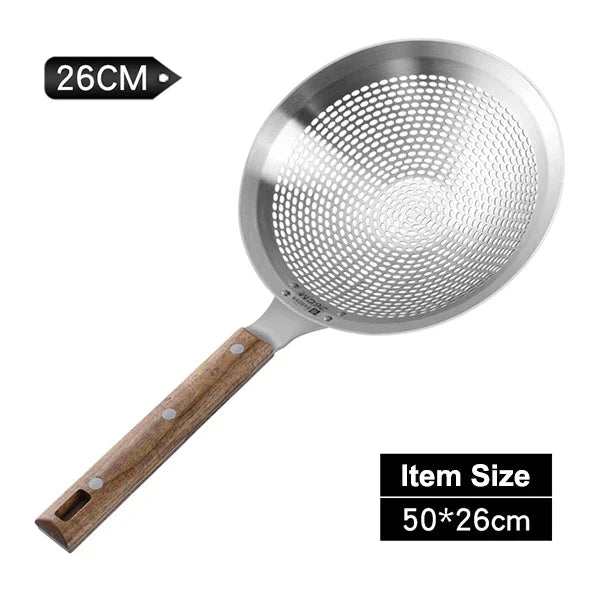 Extra Large 304 Stainless Steel Kitchen Mesh Strainer Skimmer with Sturdy Wooden Handle, Heavy-Duty Frying Strainer for Deep Frying, Boiling, Noodles, Pasta, Dumplings & Vegetables, Available in 22cm, 24cm, 26cm & 28cm Sizes