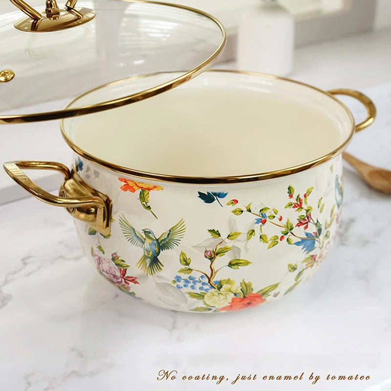 Retro Floral Enamel Stew Pot with Lid | Double Handle | 2 Designs | 2.8L–5L