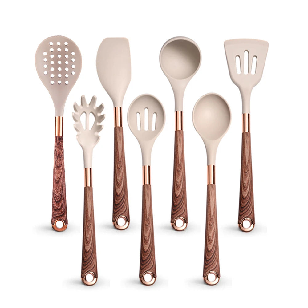 Silicone Cooking Utensils Set with Gold-Plated Handles – Non-Stick Safe, Heat Resistant | Black &amp; Beige | Available in 5, 7, 10 &amp; 12-Piece Sets Beige — 7 Piece
