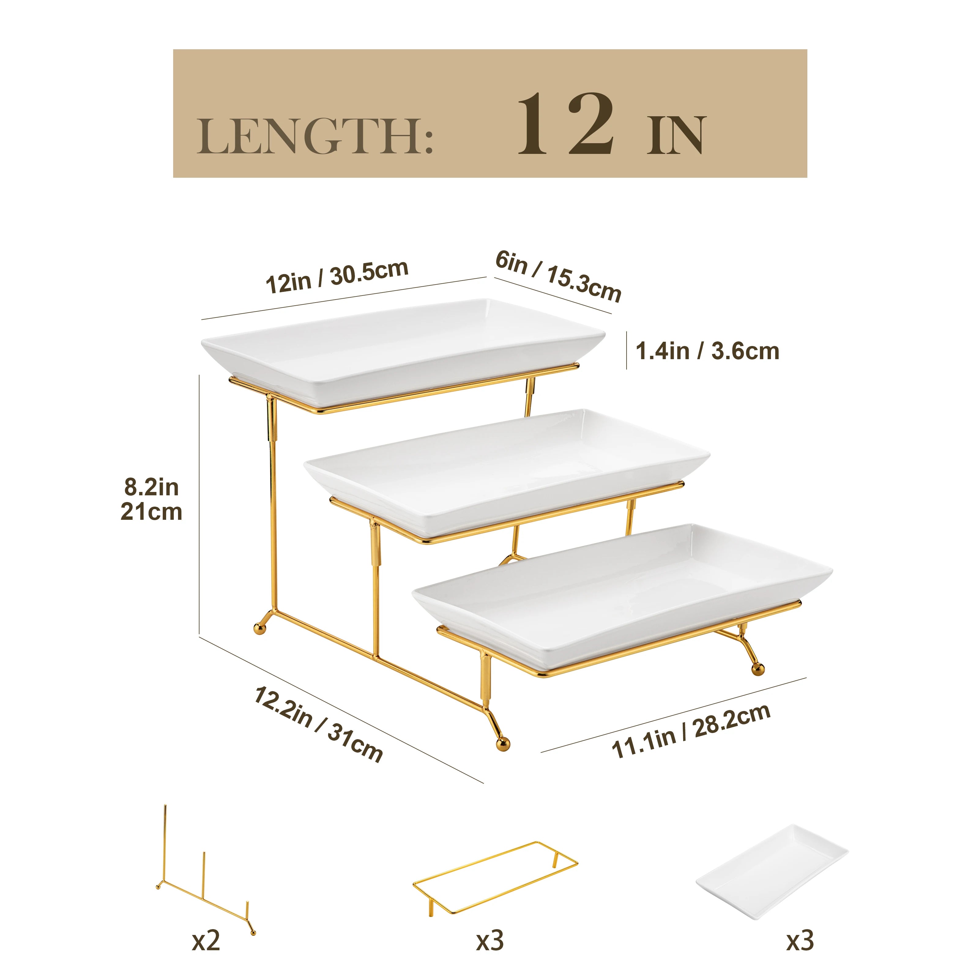 3-Tier Porcelain Buffet Food Display Platter with Stand | Stepped Staggered Design | 12 & 14 Inch