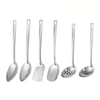 6-Piece Stainless Steel Kitchen Utensil Set – Heat-Resistant with Ergonomic Handles & Hanging Holes, Includes Slotted Spoon, Ladle, Turner, Cooking Spoon & Rice Spoon 6-Piece