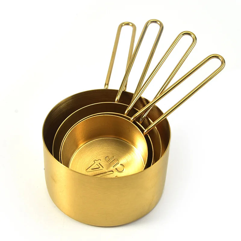 Gold Stainless Steel Measuring Cups & Spoons Set 4 measuring cups