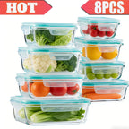 8-Piece Glass Food Storage Container Set with Lids – Microwave, Dishwasher & Fridge Safe, Meal Prep Rectangular Lunch Boxes