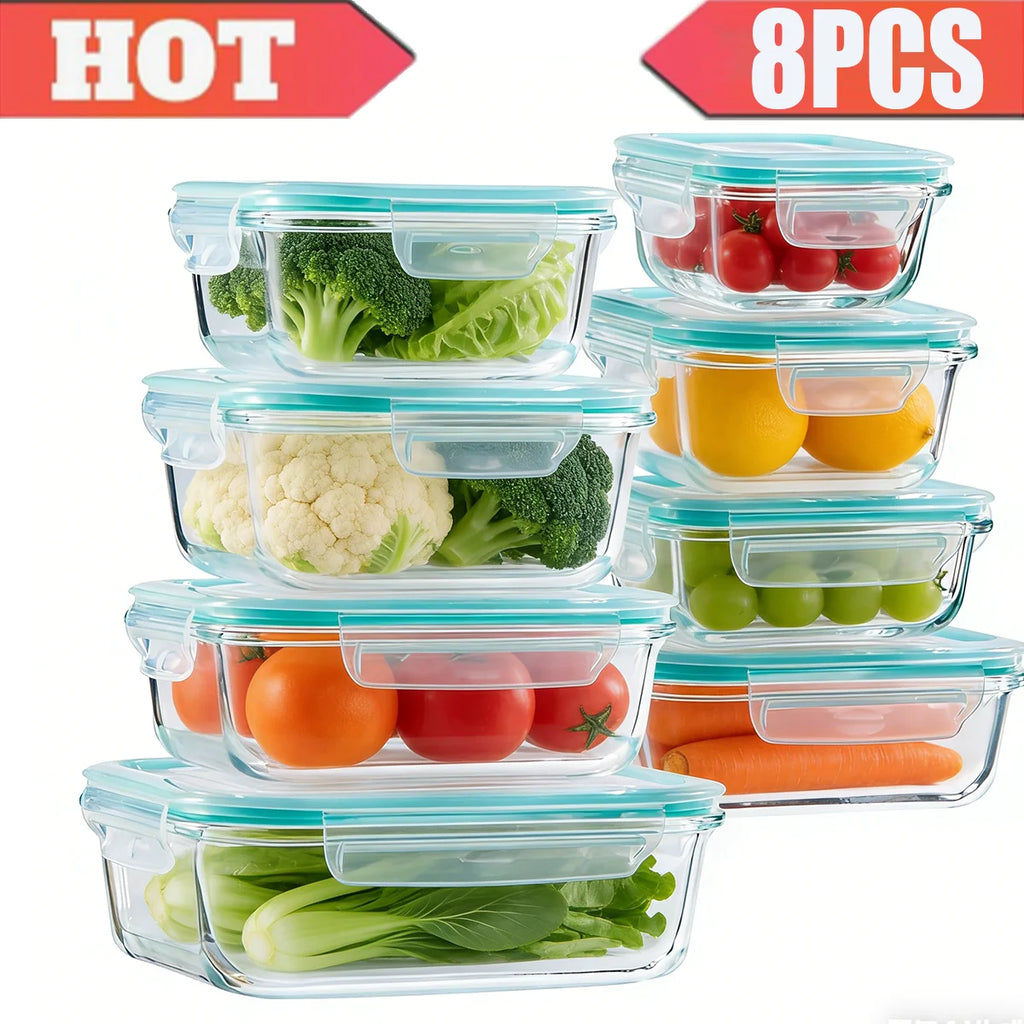 8-Piece Glass Food Storage Container Set with Lids – Microwave, Dishwasher & Fridge Safe, Meal Prep Rectangular Lunch Boxes