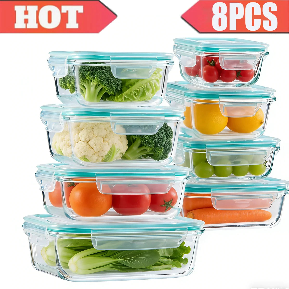 8-Piece Glass Food Storage Container Set with Lids – Microwave, Dishwasher & Fridge Safe, Meal Prep Rectangular Lunch Boxes