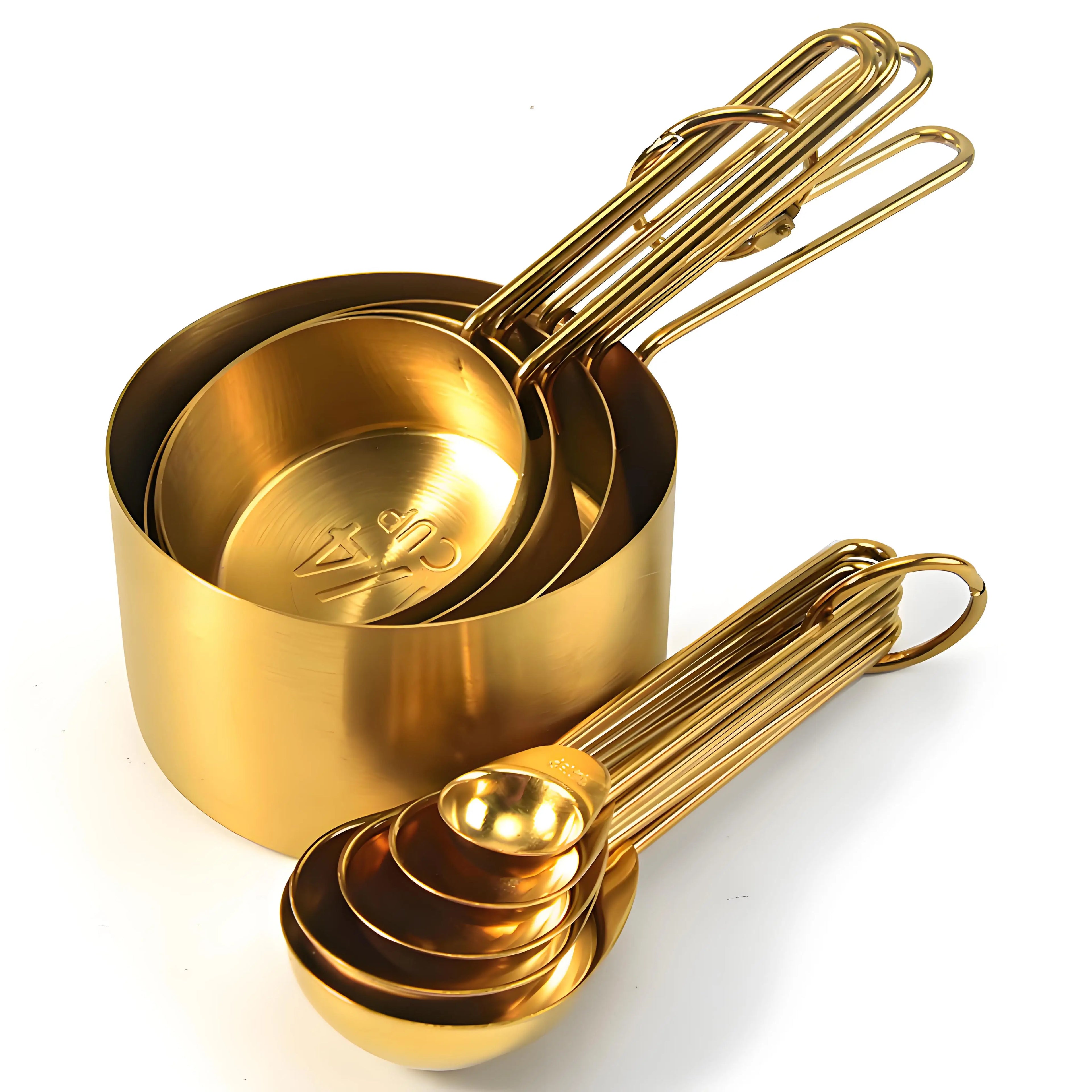 Golden Stainless Steel Measuring Cups & Spoons Set – Stackable Kitchen Baking Tools, Available as 4 Cups, 5 Spoons or 9-Piece Set