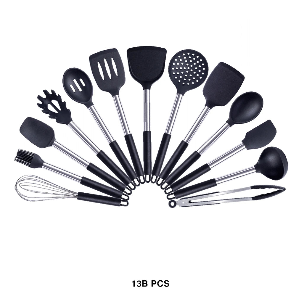 Silicone Kitchen Utensils Set with Stainless Steel Handles – Non-Stick Safe, Heat Resistant | Grey & Black | Available in 5 to 15-Piece Sets Black — 13 Piece Set