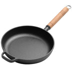 Old-Fashioned Pre-Seasoned Cast Iron Pan With Wooden Handle Flat Bottom Camping Skillet Uncoated Non-Stick For Searing Sauteing Stir-Frying