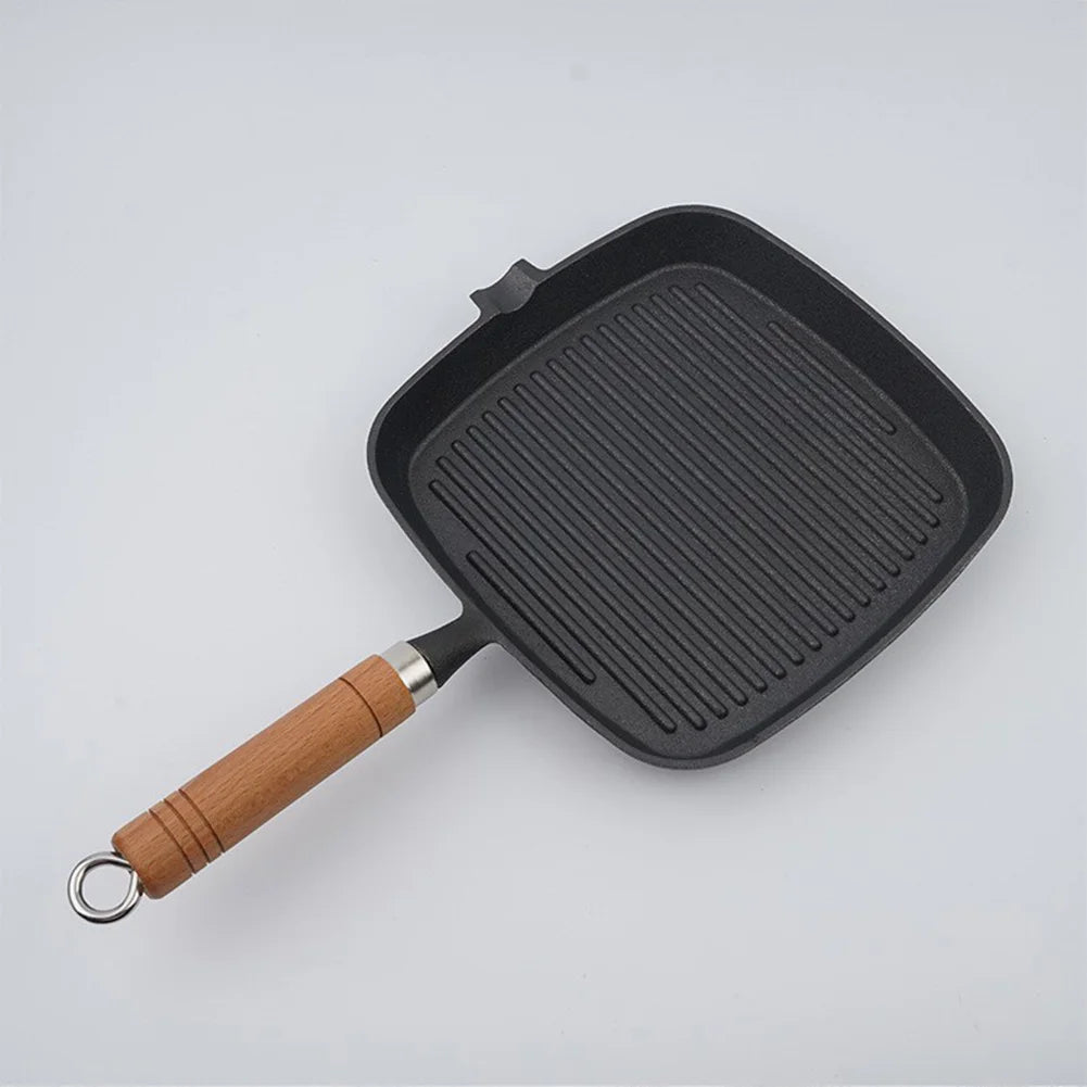 Cast Iron Skillet Frying Pan With Wooden Handle Uncoated Non Stick For Steak Camping Indoor Outdoor Use