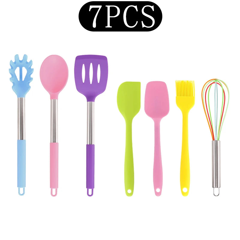 Silicone Kitchen Utensils Set with Stainless Steel Handles – Non-Stick, Heat-Resistant Cooking Utensils for Everyday Cooking & Baking, Available in 4 Colours & Multiple Set Sizes 7-PieceRainbow