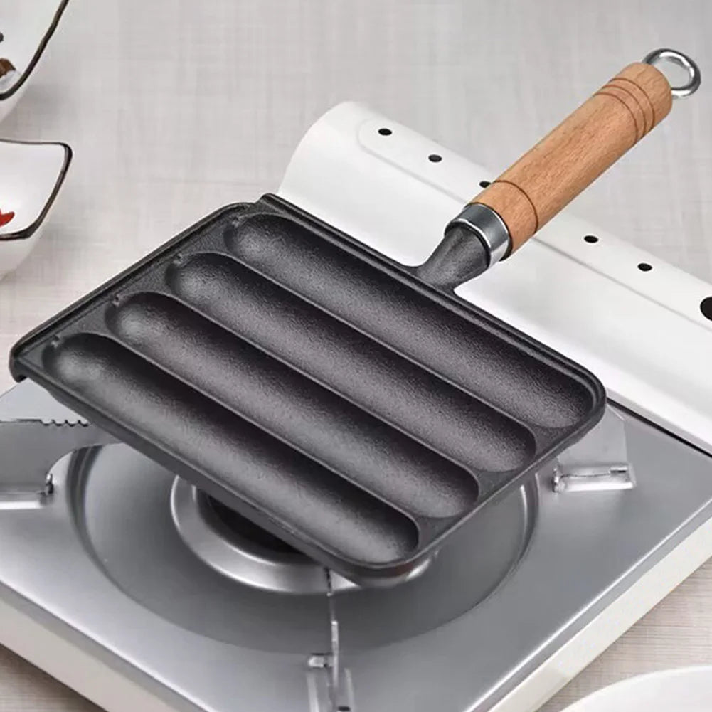 Cast Iron Preseasoned Grilled Sausage Pan With Wooden Handle Nonstick Hot Dog Pan Anti Scald