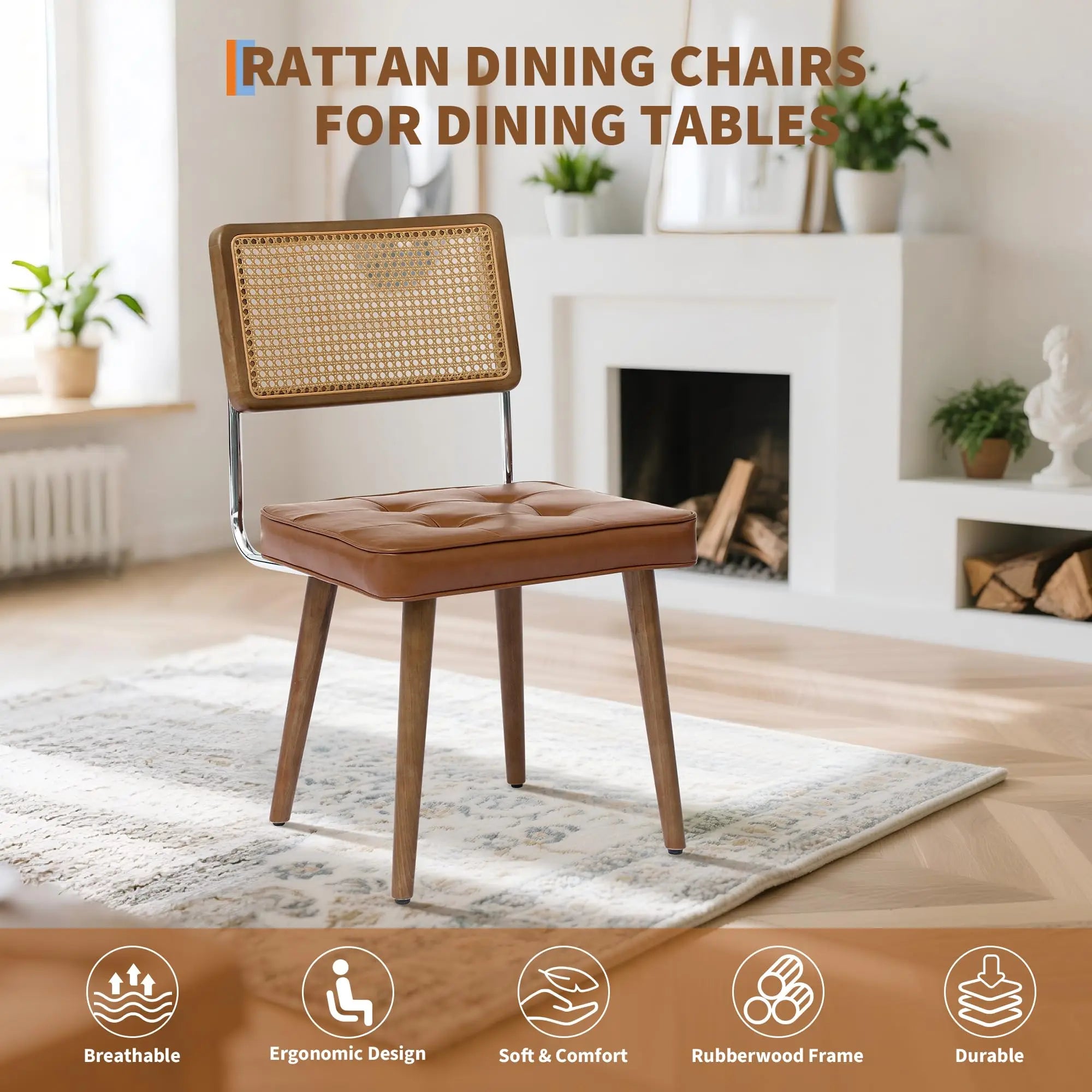 Rattan Back Dining Chair with Velvet Seat | Wooden Legs | 3 Colours