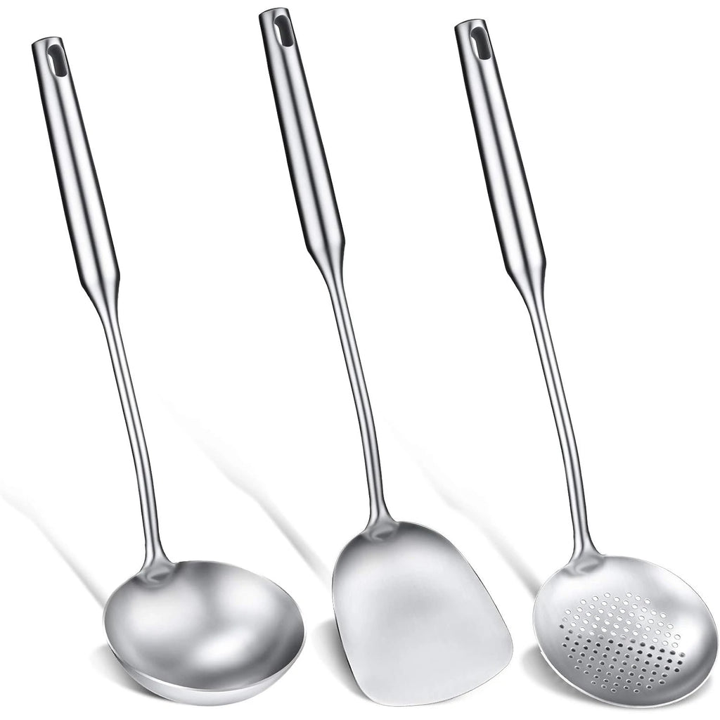 Stainless Steel Kitchen Utensils Set – Includes Wok Spatula (Turner) & Skimmer, Ladle, Heat-Resistant for Everyday Cooking Convenience 3-Piece Set