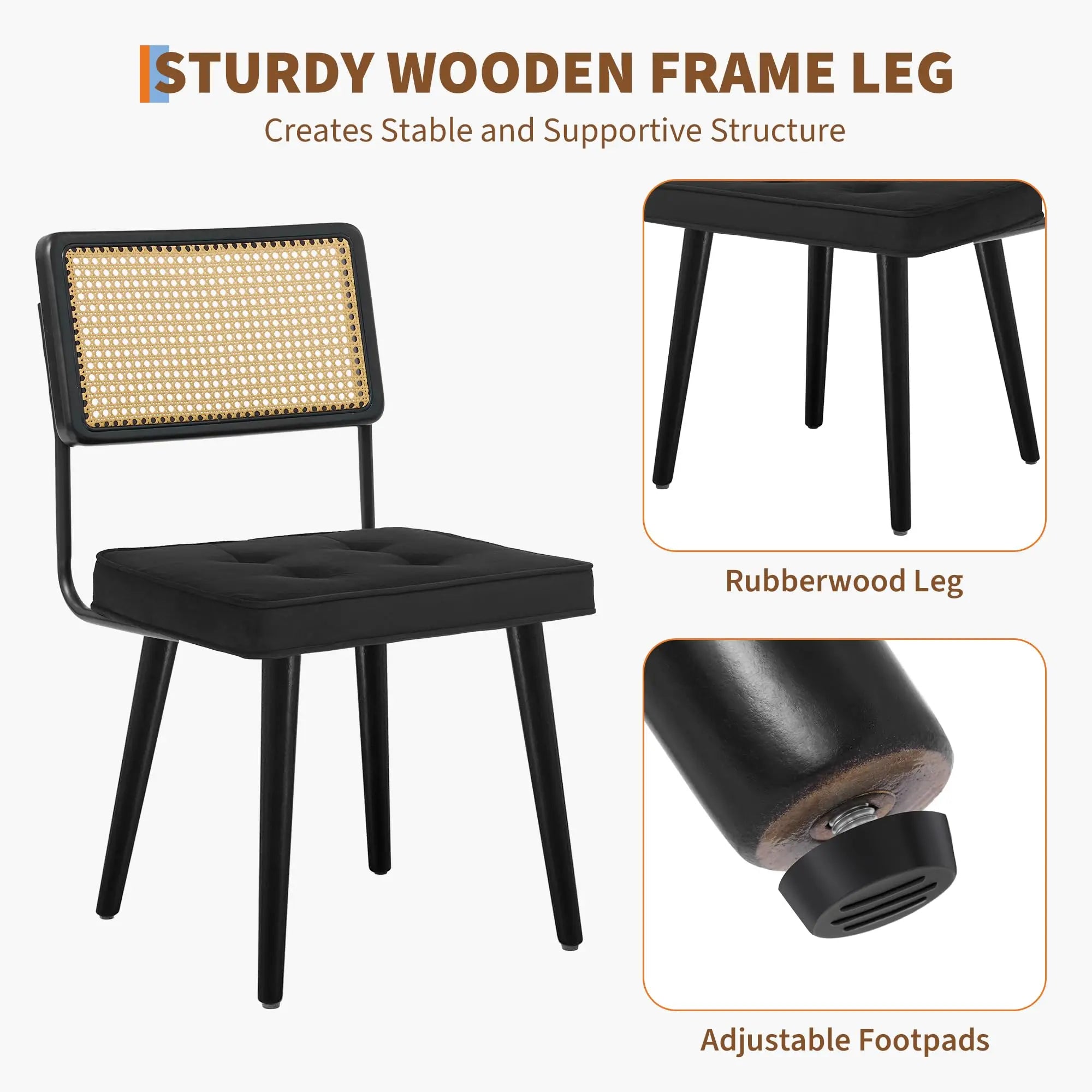 Rattan Back Dining Chair with Velvet Seat | Wooden Legs | 3 Colours black UNITED KINGDOM