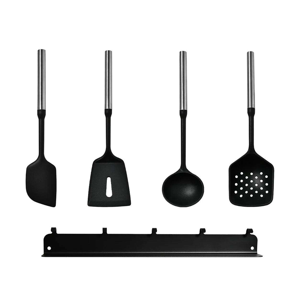 Stainless Steel Handle Silicone Kitchen Utensil Set – Cooking Utensils for Non-Stick Cookware – Spatula, Ladle, Turner & More – Available in Multiple Sets (5 Pieces / 6 Pieces) 4 Utensils + Wall-Mounted Rack (Set B)
