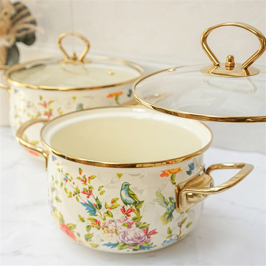 Retro Floral Enamel Soup Pot with Lid | Gas & Induction | 4 Designs | 2L–5.5L