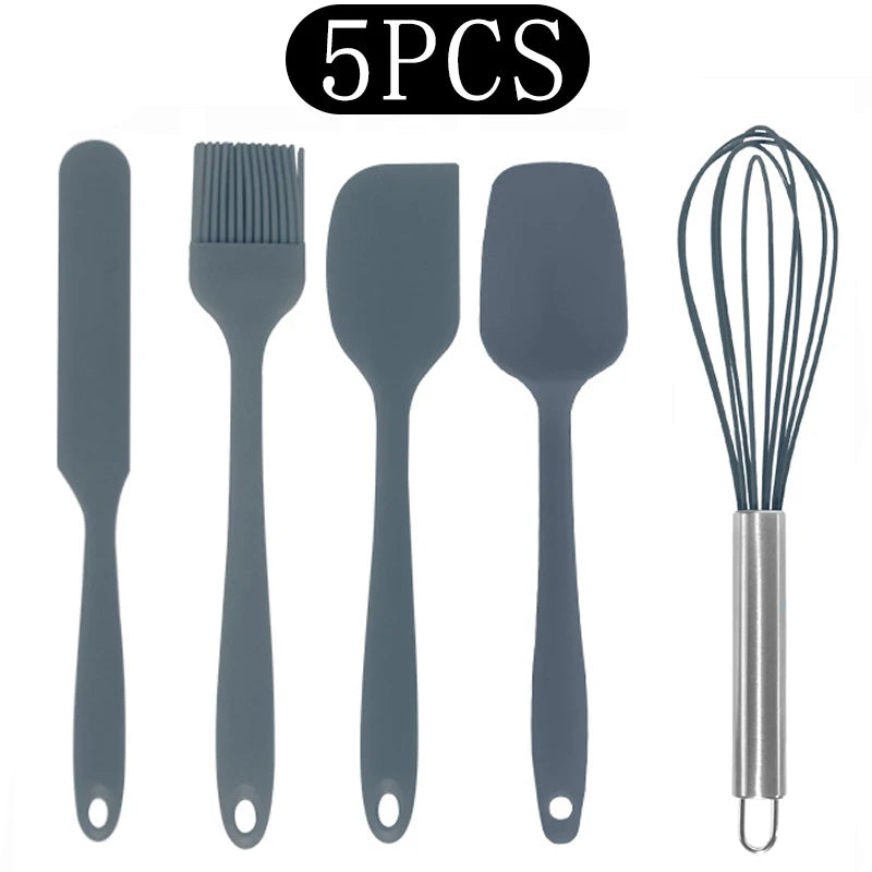 Silicone Kitchen Utensils Set with Stainless Steel Handles – Non-Stick, Heat-Resistant Cooking Utensils for Everyday Cooking & Baking, Available in 4 Colours & Multiple Set Sizes 5-PieceGrey