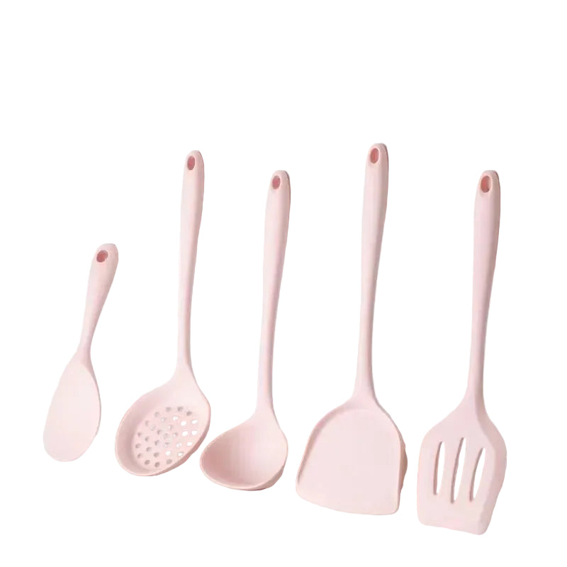 5-Piece Silicone Kitchen Utensil Set – Slotted Turner, Skimmer, Wok Turner, Soup Ladle & Rice Spoon, Non-Scratch, Great for Cooking and Everyday Kitchen Use Pink