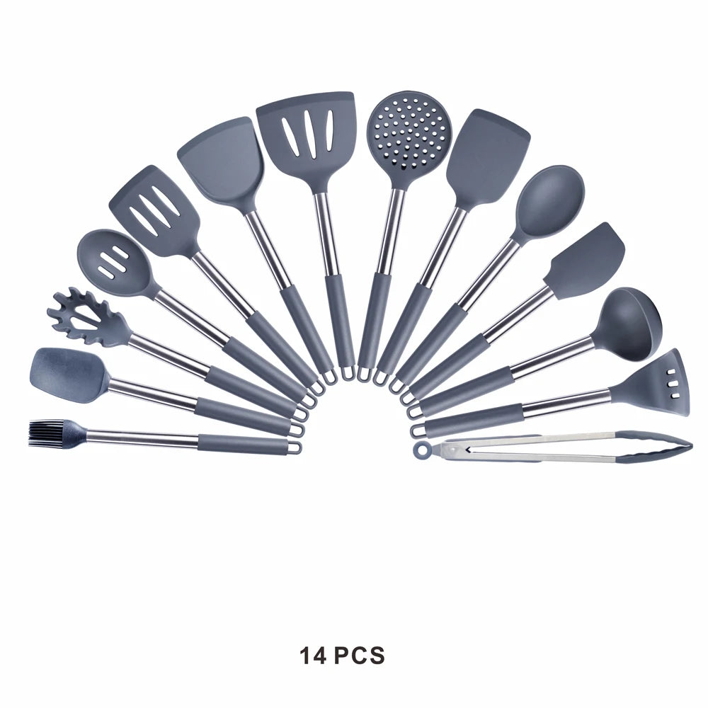 Silicone Kitchen Utensils Set with Stainless Steel Handles – Non-Stick Safe, Heat Resistant | Grey & Black | Available in 5 to 15-Piece Sets Grey — 14 Piece Set
