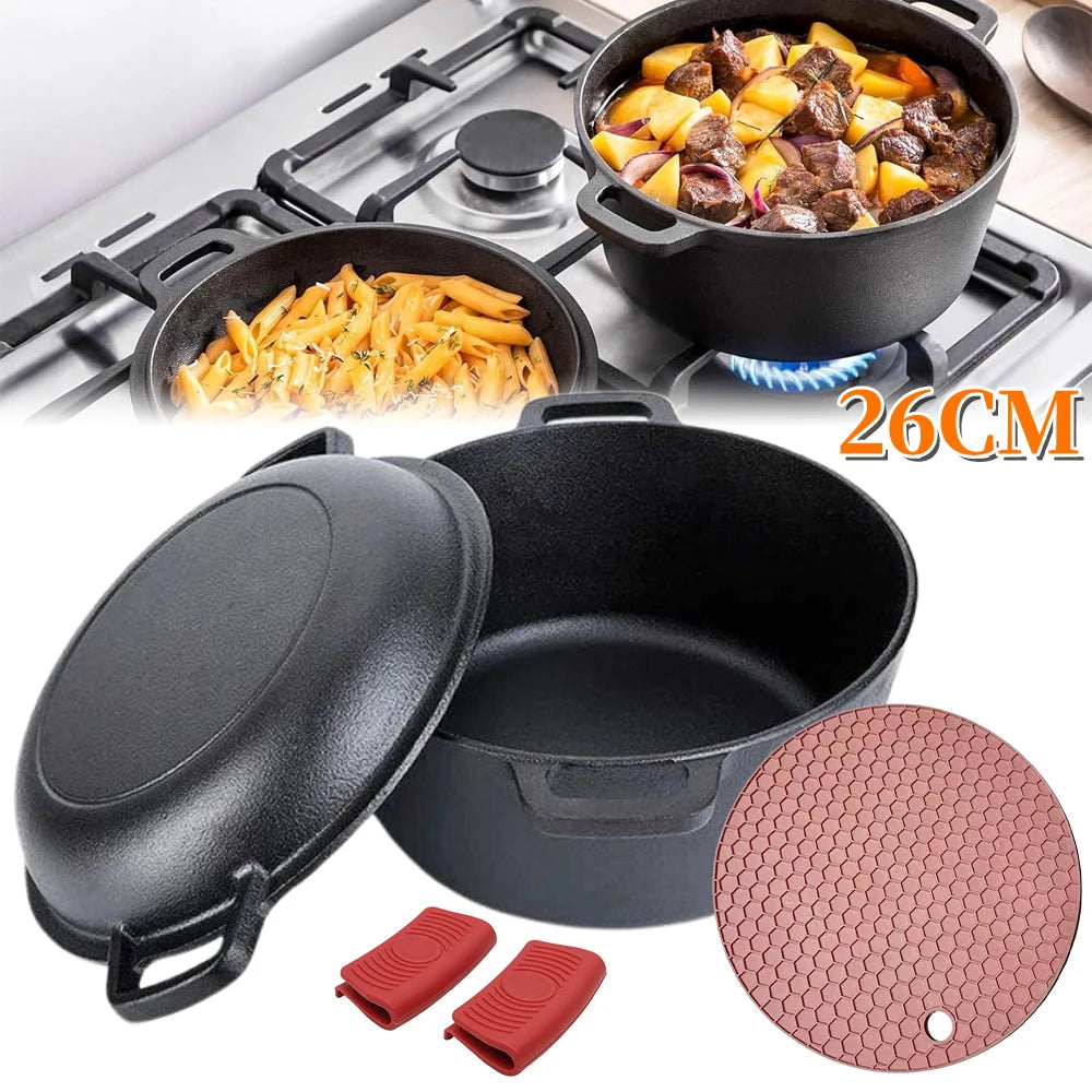 Pre-Seasoned 26cm Cast Iron Dutch Oven with Skillet Lid, Dual Handles – 2-in-1 Combo Pot & Pan Set – Includes Anti-Slip Mat & Silicone Clips, Multi-Purpose Cookware Set, Best for Frying, Searing,Stewing, Roasting, Bread, Baking, Camping & BBQ
