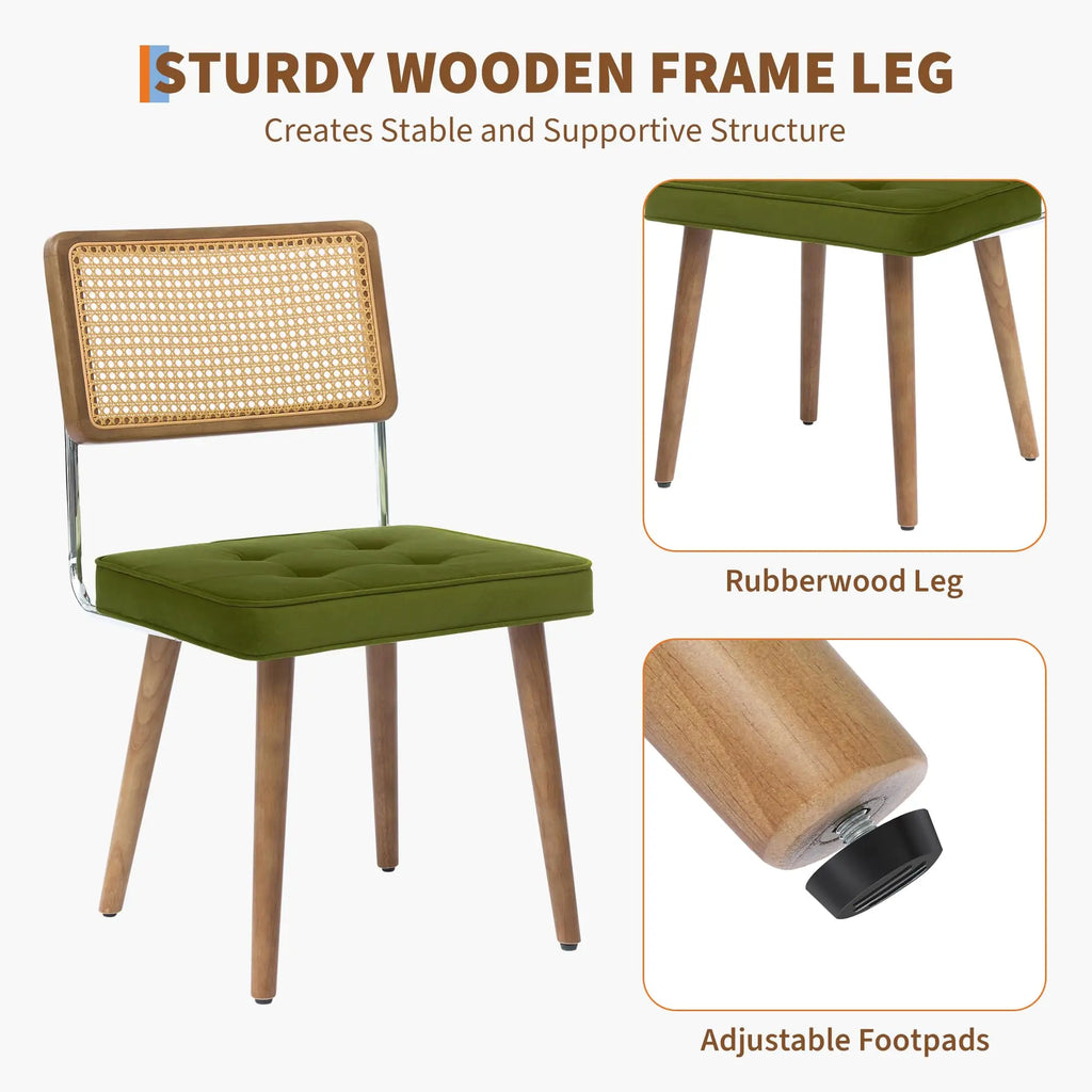 Rattan Back Dining Chair with Velvet Seat | Wooden Legs | 3 Colours