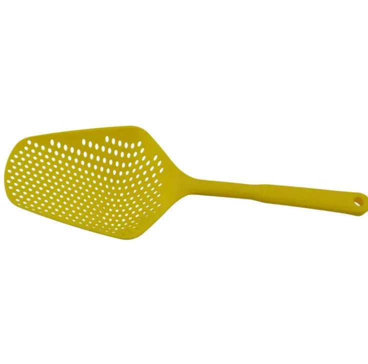 Multi-Purpose Anti-Slip Kitchen Scoop Strainer/Colander – Large Perforated Food Scoop for Draining, Scooping, Filtering Soup, Pasta & Vegetables, with Hanging Hole for Easy Storage, Available in Black, Yellow & Red Yellow
