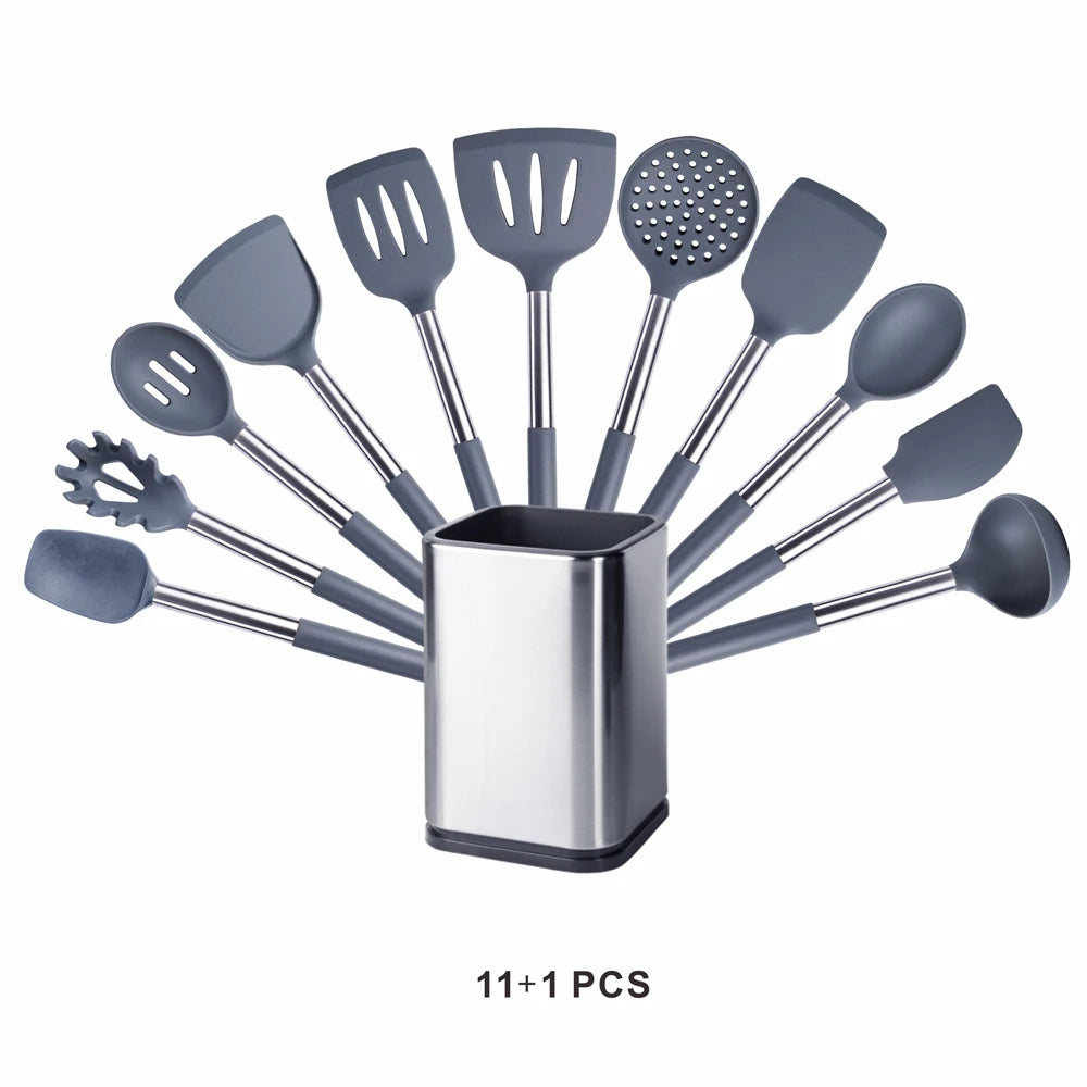 Silicone Kitchen Utensils Set with Stainless Steel Handles – Non-Stick Safe, Heat Resistant | Grey & Black | Available in 5 to 15-Piece Sets Grey — 11Piece Set with Holder