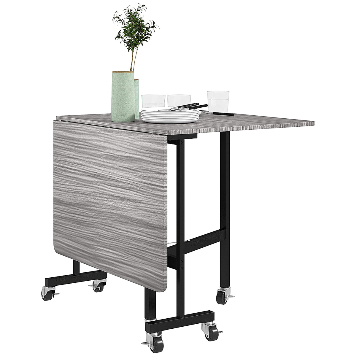 Mobile Drop Leaf Table, Folding Kitchen Table with 6 Wheels Grey