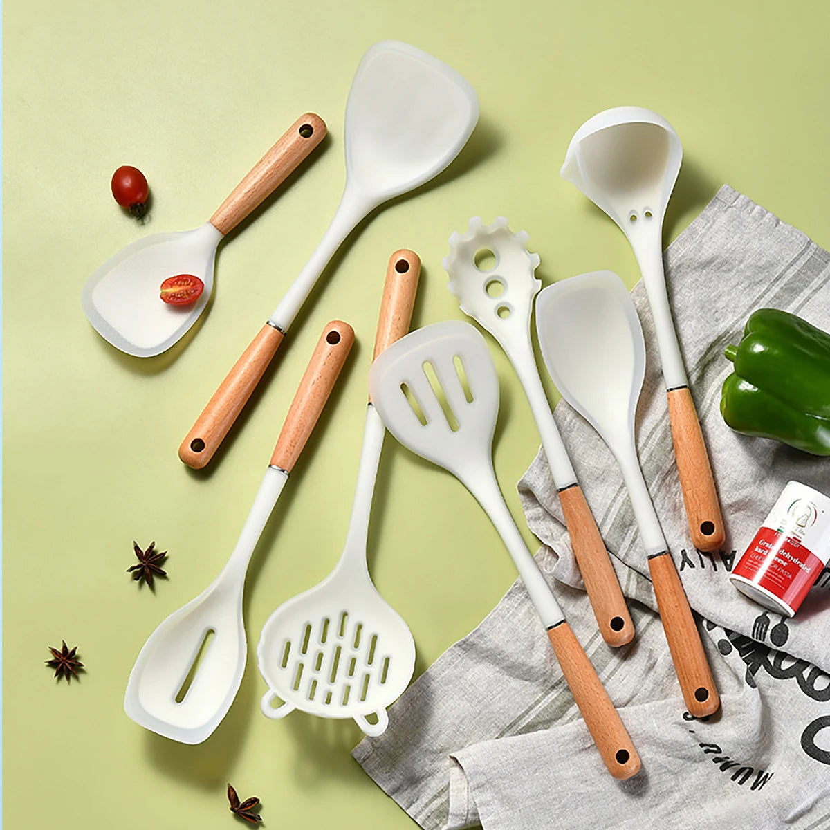 8-Piece Silicone Kitchen Utensils Set with Wooden Handles – Non-Stick Safe | Cream, White & Green