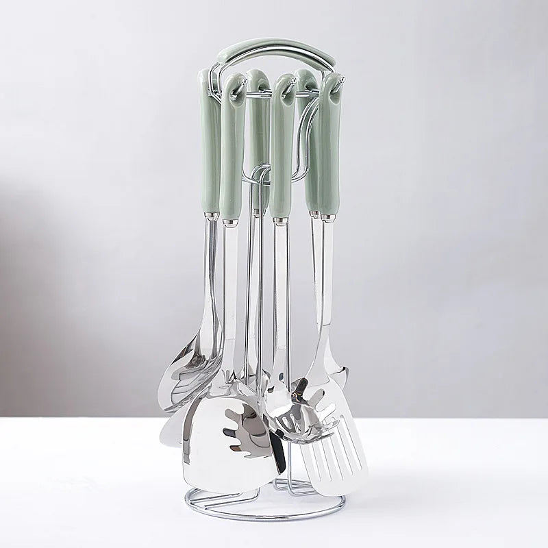 7-Piece Stainless Steel Kitchen Utensil Set with Ceramic Handle – Heat Resistant, Easy to Clean, Great for Cooking, Serving, and Everyday Kitchen Use 7Pcs Avocado green
