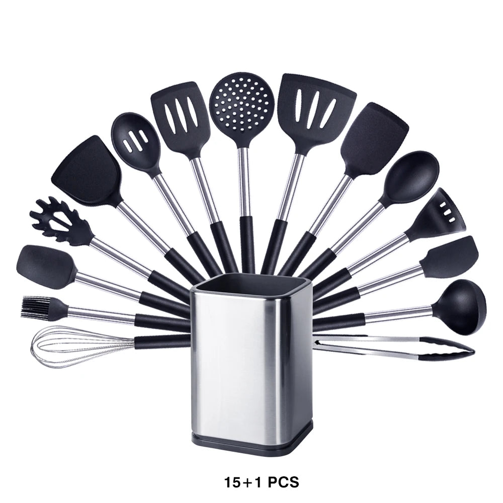 Silicone Kitchen Utensils Set with Stainless Steel Handles – Non-Stick Safe, Heat Resistant | Grey & Black | Available in 5 to 15-Piece Sets Black — 15 Piece Set with Holder
